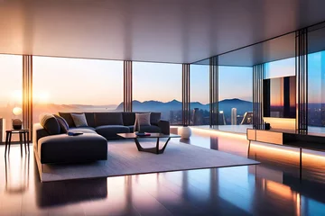 Fotobehang Interior da moderna sala de estar com vista panorâmica da cidade e sofá renderização em 3D © Célio Prado
