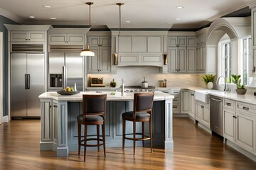 renderização 3D de um design de interiores de cozinha moderna em uma casa de luxo