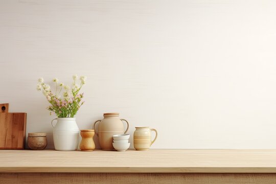 Kitchen mockup with cooking and baking utensils on a table, blank space for text, home kitchen decor concept.