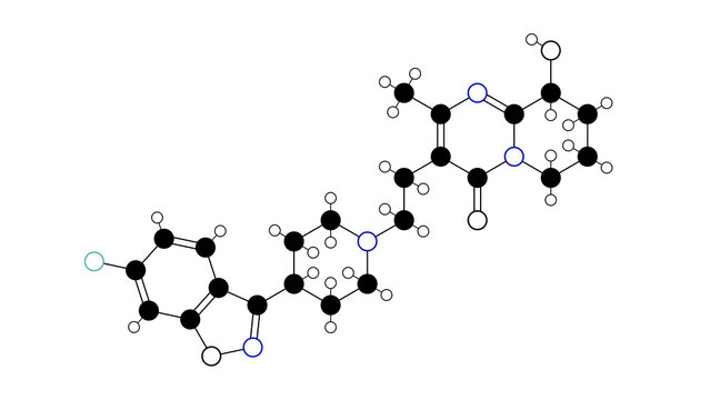 paliperidone molecule, structural chemical formula, ball-and-stick model, isolated image atypical antipsychotic