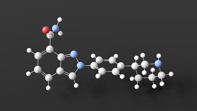niraparib molecule, molecular structure, anti-cancer medication, ball and stick 3d model, structural chemical formula with colored atoms