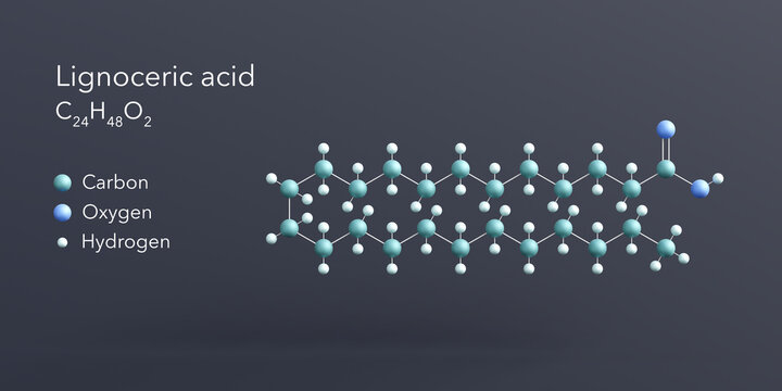 lignoceric acid molecule 3d rendering, flat molecular structure with chemical formula and atoms color coding