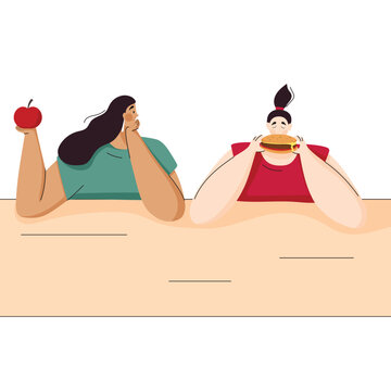 Eating disorders. Girl worrying about her appearance, eating fast food. Cartoon woman looking at hamburgers, fridge thinking about being overweight. Diet, health. Flat vector illustration. 
