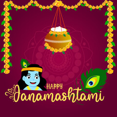 Indian Festival Happy Janmashtami Vector Illustration Hand Drawn Creative Design & Background 