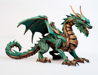 Obraz premium Green wooden dragon. Symbol of the new 2024 year. Mythical creature from fantasy stories. White back.