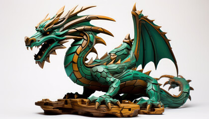 Fototapeta premium Green wooden dragon. Symbol of the new 2024 year. Mythical creature from fantasy stories. White back.