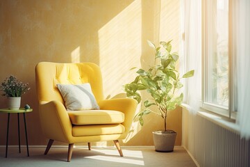  image of a yellow living room with a cozy armchair and cushion pillow by a floor to ceiling window, with evening sunlight shining through. - obrazy, fototapety, plakaty