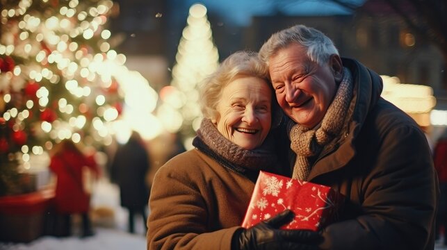 happy elderly man embracing woman with christmas present stock photo created with Generative AI technology