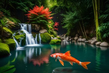 A  garden with a small waterfall and  fish  generated by AI tool