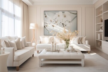 Interior design of a harmonious living room with white furniture, creative decorations, and personal accessories.