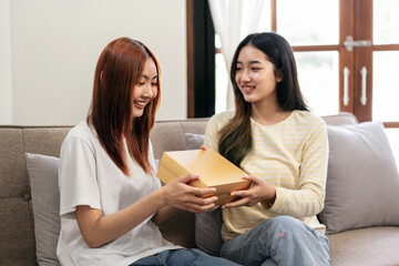 Young woman lesbian smiling and giving surprise present to girlfriend while spending time to relaxation
