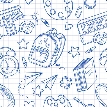 Hand drawn seamless pattern with school bus, supplies and creative elements in doodle style on a white checkered background. Back to school sketch background