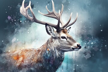 Watercolor deer art with a winter theme. Generative AI