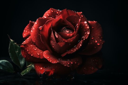 Valentine's theme image: large crimson rose against a dark background. Generative AI