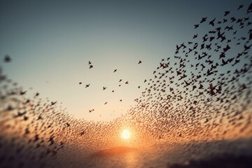 Heart-shaped formation of flying birds against the sky. Generative AI