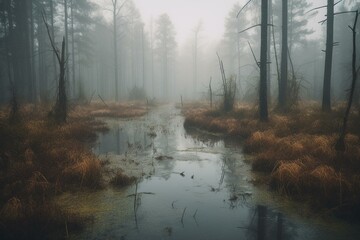 Wide mist-covered swamp in moody forest, with empty expanse and room for text. Generative AI