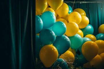 Fototapeta na wymiar Multicolored balloons in teal, turquoise, and yellow against a modern backdrop. Generative AI
