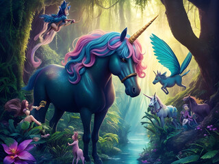 Obraz na płótnie Canvas a gathering of mythical creatures in the heart of the magical jungle, where unicorns, fairies, and other fantastical beings coexist in harmony 