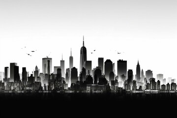A pre-911 black silhouette of New York City skyline on white background. Generative AI