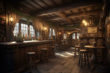 Fototapeta na wymiar Illustration of expansive medieval pub. Generative AI