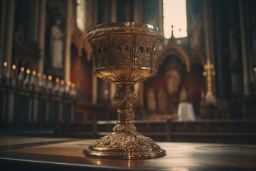 A golden Catholic chalice placed on a church altar. Generative AI - obrazy, fototapety, plakaty
