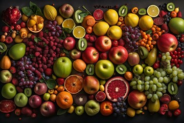 Naklejka na ściany i meble Repeating pattern of fruits and vegetables forming a continuous background texture. Generative AI