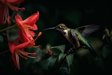 A vivid hummingbird sips nectar from a honeysuckle blossom. Generative AI