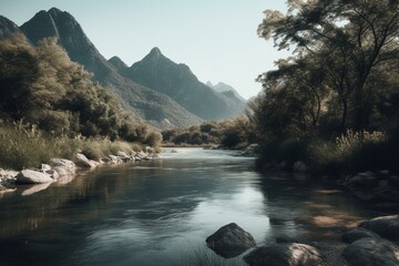 An artistic representation of a serene river bank with a mountainous backdrop. Generative AI