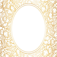 
Background from olive branches of leaves and fruits with an oval frame for text. Vector hand drawing in golden colors.