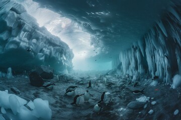 Superb frozen underwater scene with penguins, fish, and icebergs in a wide angle. Generative AI