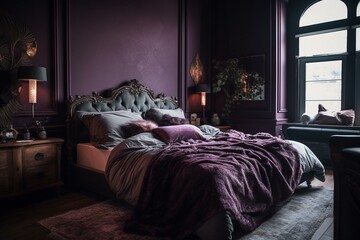 Opulent plum tones and lilac pastel paint create a luxurious atmosphere in this modern premium bedroom with a rich, dark backdrop for art. Generative AI