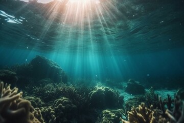Beneath the ocean surface lies a tranquil deep blue world with sandy floors, shining light rays, and vibrant sea life. Generative AI - obrazy, fototapety, plakaty
