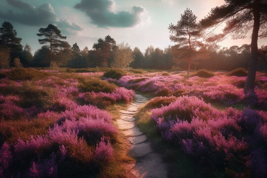 The Zuiderheide Park in Holland showcases blooming heather fields in purple and pink hues. Generative AI