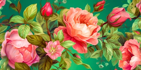Fototapeten Beautiful floral design with pink roses and green vines Ideal for creating seamless patterns Ideal for use in fabric, wallpaper or stationery design © Татьяна Мищенко
