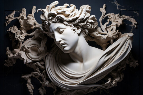 Greek statue woman bust on black background. Antique roman sculpture concept
