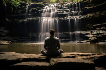 An individual meditating beside a waterfall