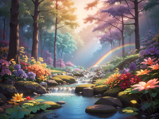 a serene forest scene bathed in the soft glow of a magical rainbow color effect, casting enchanting hues upon the leaves, flowers, and tranquil 