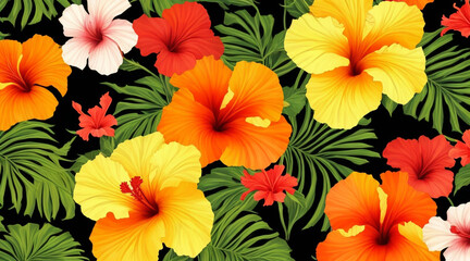 Fototapeta na wymiar seamless tropical floral pattern of hibiscus on black background, generated with AI