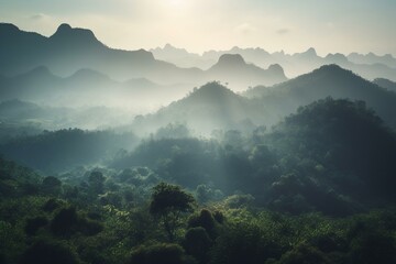 Misty morning view of Samer Dao Mountain in Nan, Thailand. Generative AI