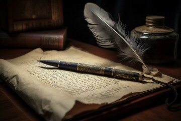 Old book and feather pen with amendments to the bill of rights. Generative AI