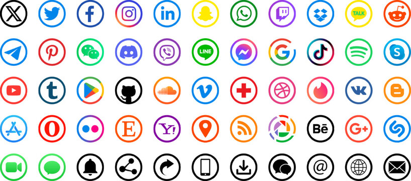 Set of social media icons. Social network vector symbols.. X, Instagram, Facebook, YouTube, Telegram, Tik Tok, Pinterest, Snapchat, WhatsApp, LinkedIn.. Stock royalty free vector illustration.  PNG