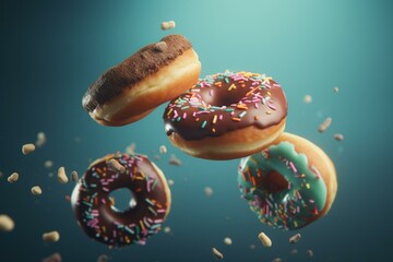 Fototapeta na wymiar 3D rendering of flying donuts on a colored background. Generative AI