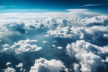 Aerial view of white and blue clouds in the sky, representing travel. Generative AI