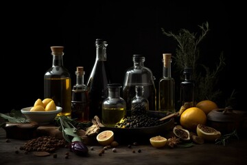 Various oils and ingredients displayed on a black background with bottles, bowls, sprigs, and shadows. Generative AI