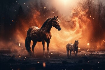 Abstract magical background with horse, featuring a mare and stallion. Generative AI