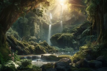 A fantasy landscape featuring a waterfall, enchanted forests, and elven woods. Ideal for wallpapers and backgrounds. Generative AI