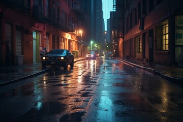 Fototapeta na wymiar Illuminated colors on wet road in dim, hazy alley with spotlight. Urban night scene. Generative AI