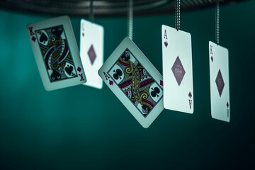 Playing cards suspended above a turquoise background. Generative AI