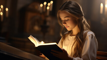 Young Girl Reading Glowing Book of Knowledge. Concept of Illuminated Learning, Magical Reading, Thirst for Knowledge, Youthful Curiosity, Enchanted Book, Educational Exploration, Glowing Pages. - obrazy, fototapety, plakaty