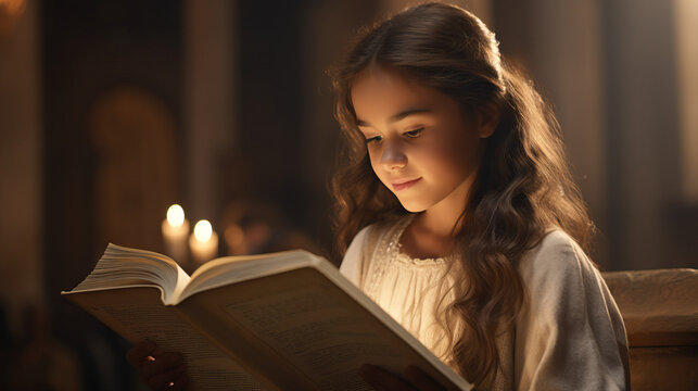 Young Girl Reading Glowing Book of Knowledge. Concept of Illuminated Learning, Magical Reading, Thirst for Knowledge, Youthful Curiosity, Enchanted Book, Educational Exploration, Glowing Pages.